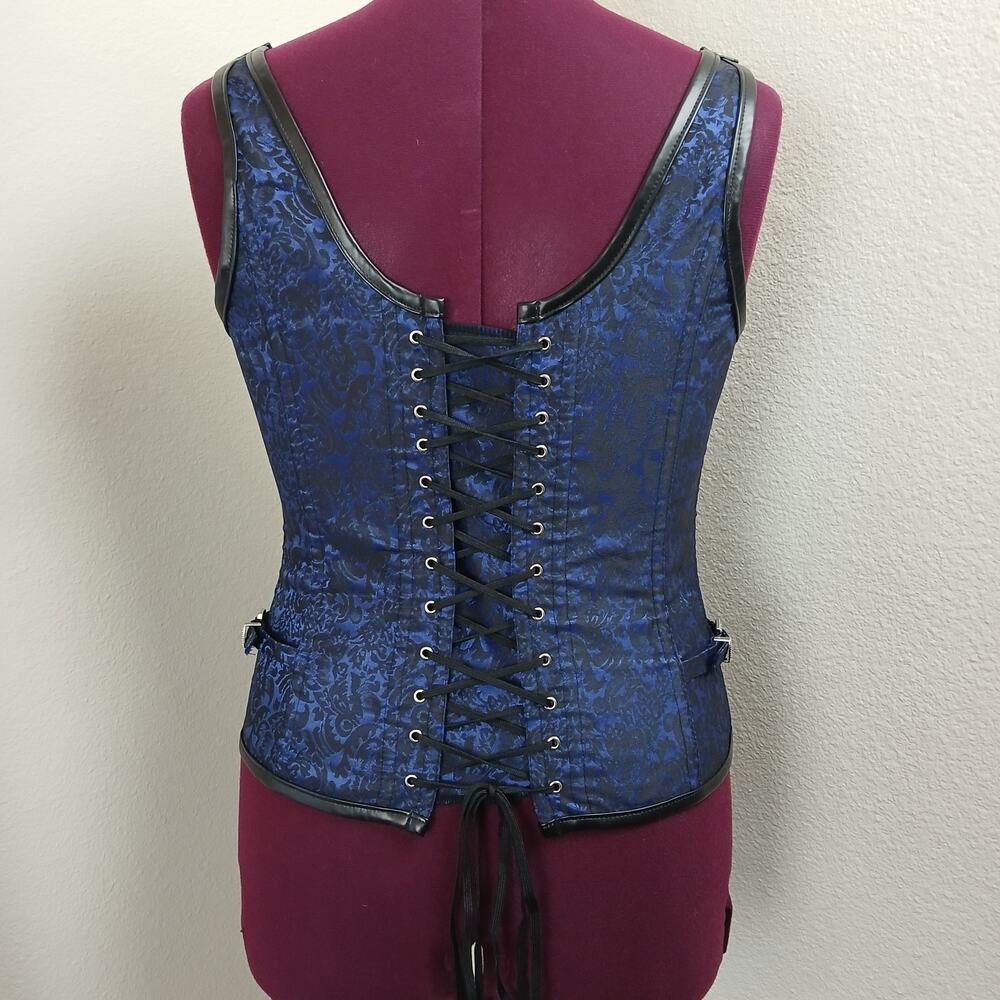 Kimring Corset XXL Gothic Steampunk Brocade Overbust Steel Boned Bustier Blue - Picture 3 of 13